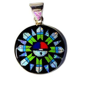 Zuni Sun God Handmade Micro Inlay Gemstone Onyx Opal Navajo 925 Silver Pendant